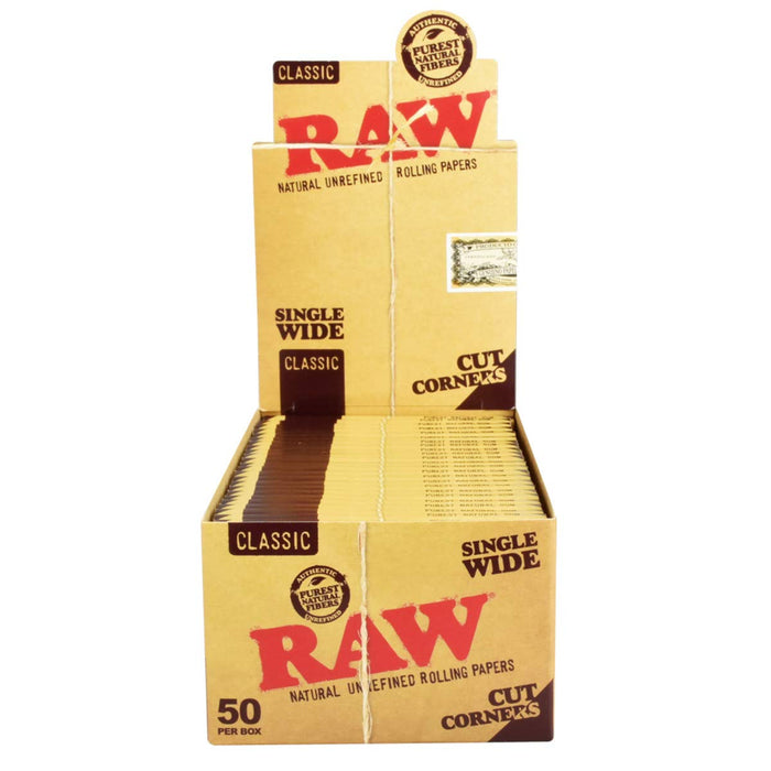 Papeles RAW Single Wide (Caja) – Classic Cut Corners (50 libritos) – Vuelo 420 Smoke Shop México