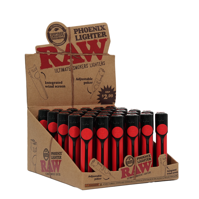 Encendedores RAW Phoenix Recargables (Exhibidor 30 pz) – Rojo con Protector de Viento – Vuelo 420 Smoke Shop México
