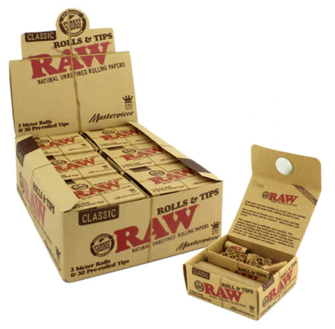 Papeles RAW Masterpiece + Filtros – Rollos 3 m King Size (12 pz) – Vuelo 420 Smoke Shop México