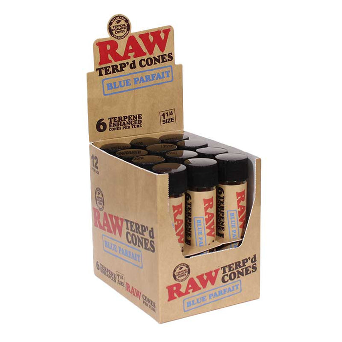 6 conos con terpenos Blue Parfait por bote RAW TERP'd tamaño 1¼, caja de 12 piezas